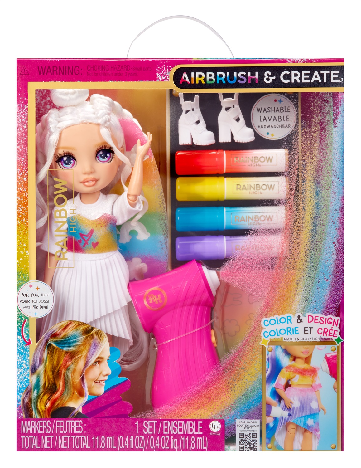Rainbow High Air Brush & Create - Bambola alla Moda Fai da Te con Kit Aerografo, Pennarelli Lavabili, Capelli Lunghi e Occhi Viola