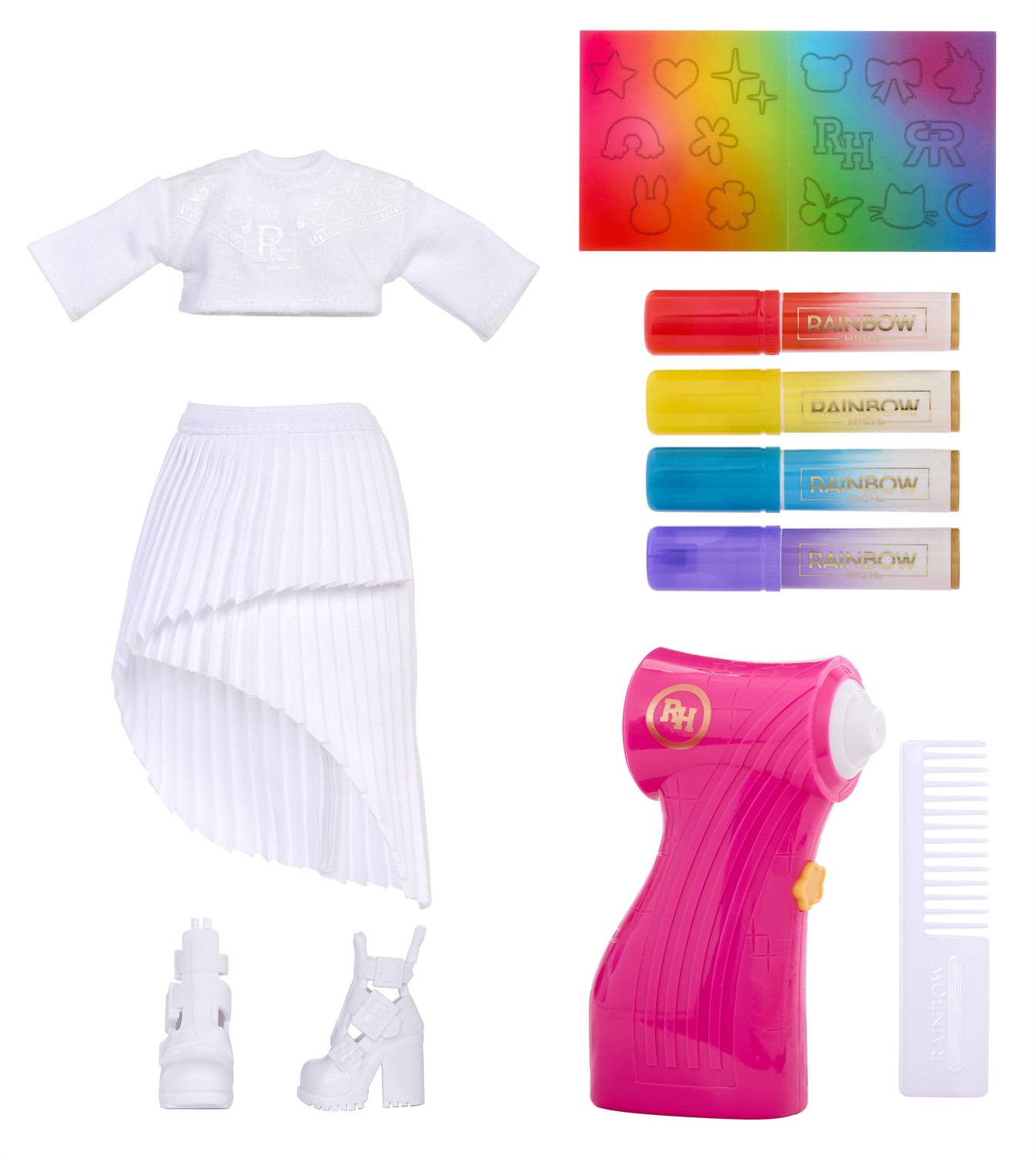 Rainbow High Air Brush & Create - Bambola alla Moda Fai da Te con Kit Aerografo, Pennarelli Lavabili, Capelli Lunghi e Occhi Viola