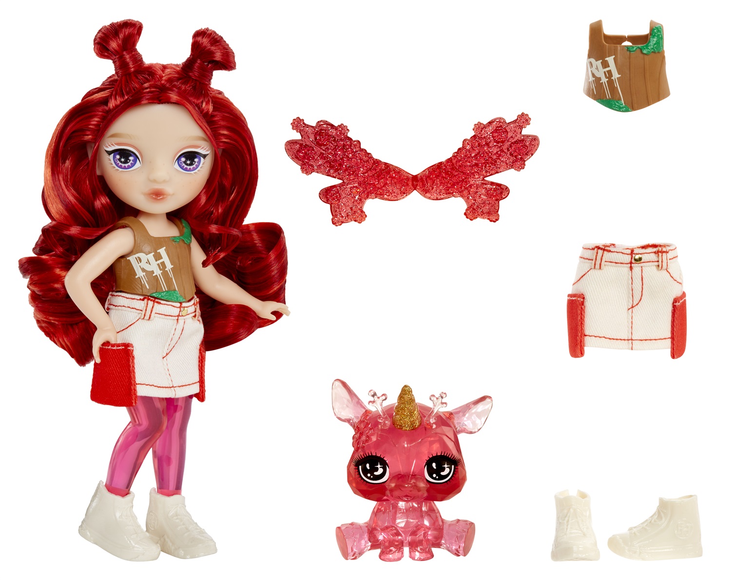 Rainbow High Fantasy Apple Red - Bambola Piccola Snodata 14 cm con Cerbiatto Magico e Ali Intercambiabili