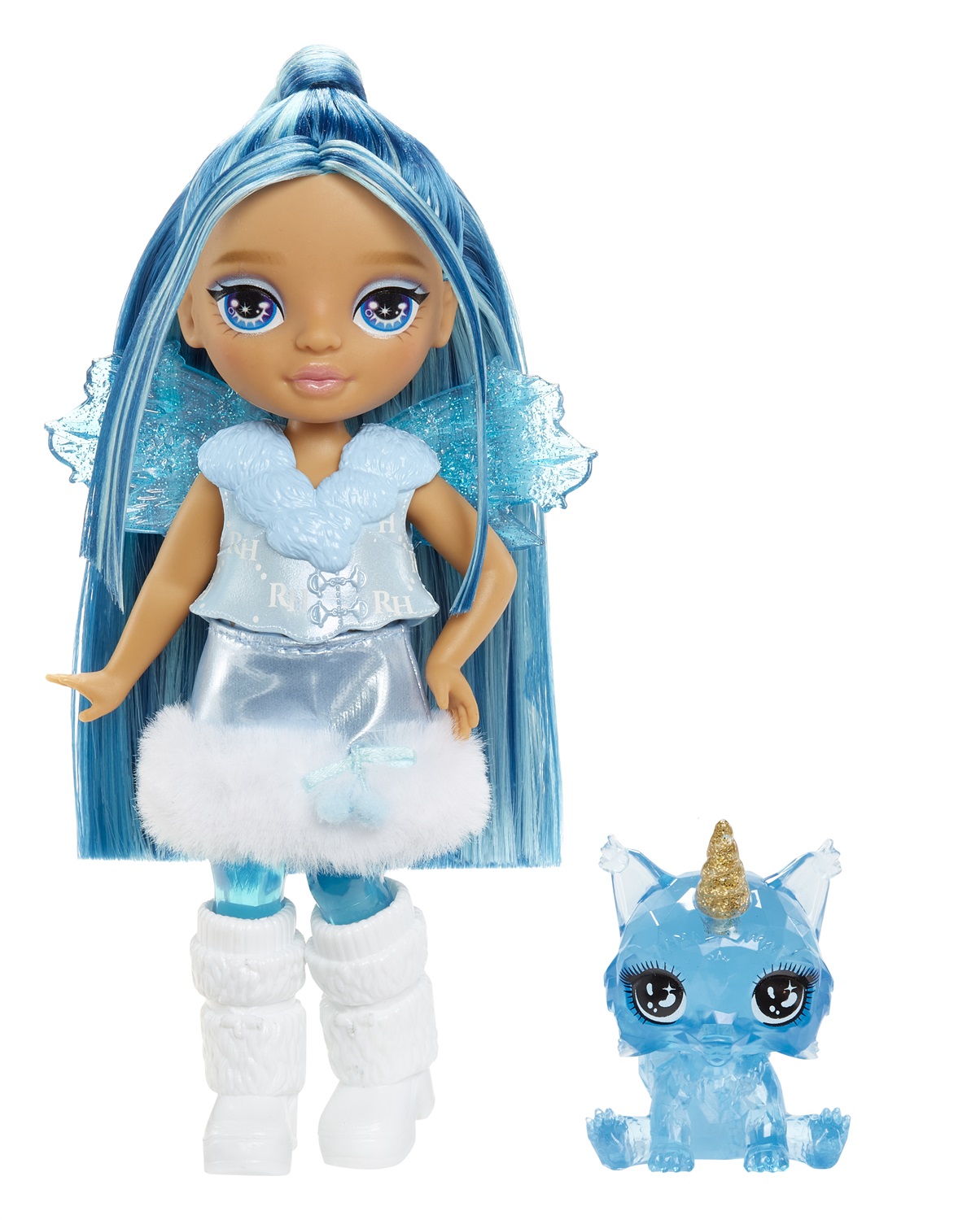 Rainbow High Fantasy Sapphire - Bambola Piccola Snodata 14 cm con Animaletto Cane e Ali da Fata Intercambiabili