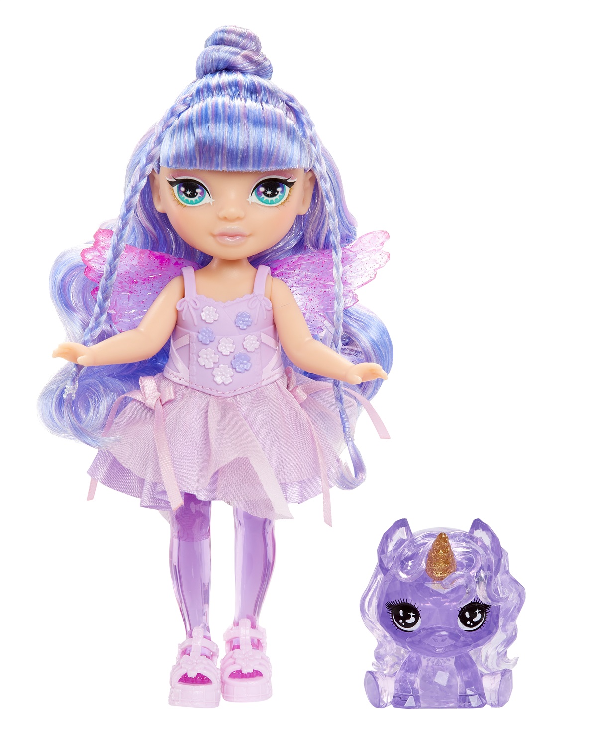 Rainbow High Littles Rainbow Fantasy Fairies & Pet - Bambola Piccola Snodata 14 cm con Unicorno Pegaso e Ali Intercambiabili - Amethyst Viola