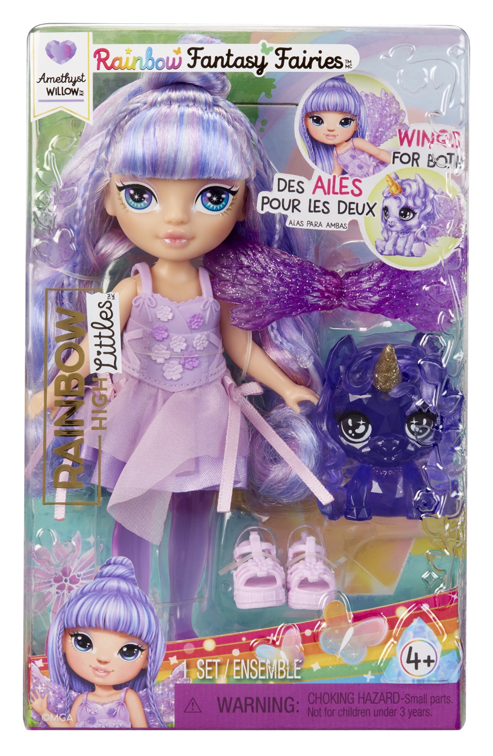 Rainbow High Littles Rainbow Fantasy Fairies & Pet - Bambola Piccola Snodata 14 cm con Unicorno Pegaso e Ali Intercambiabili - Amethyst Viola