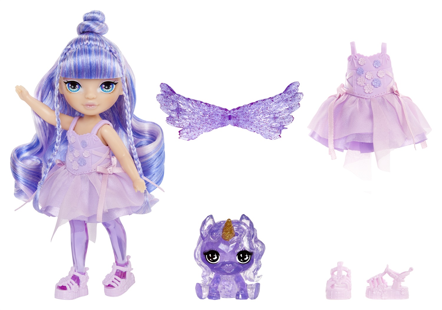 Rainbow High Littles Rainbow Fantasy Fairies & Pet - Bambola Piccola Snodata 14 cm con Unicorno Pegaso e Ali Intercambiabili - Amethyst Viola