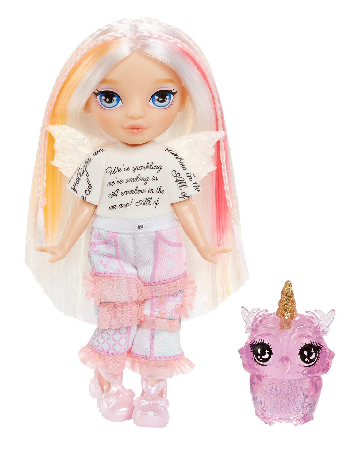 Rainbow High Littles Rainbow Fantasy Fairies & Pet - Opal, Bambola Piccola Snodata di 14 cm con Animaletto Magico Gufo e Ali di Fata Intercambiabili