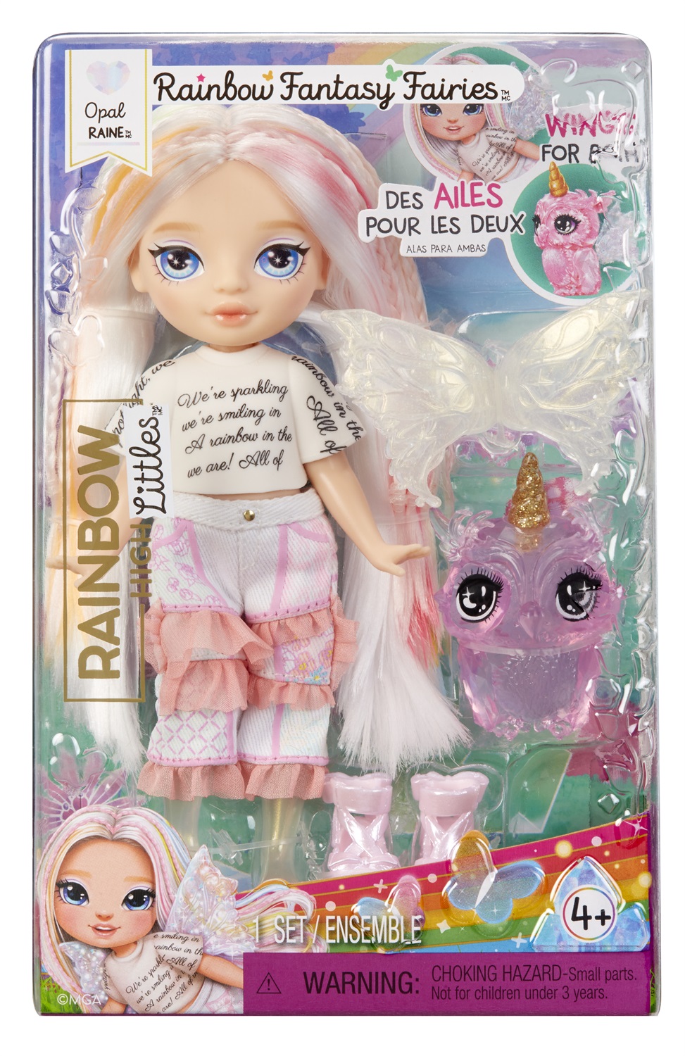 Rainbow High Littles Rainbow Fantasy Fairies & Pet - Opal, Bambola Piccola Snodata di 14 cm con Animaletto Magico Gufo e Ali di Fata Intercambiabili