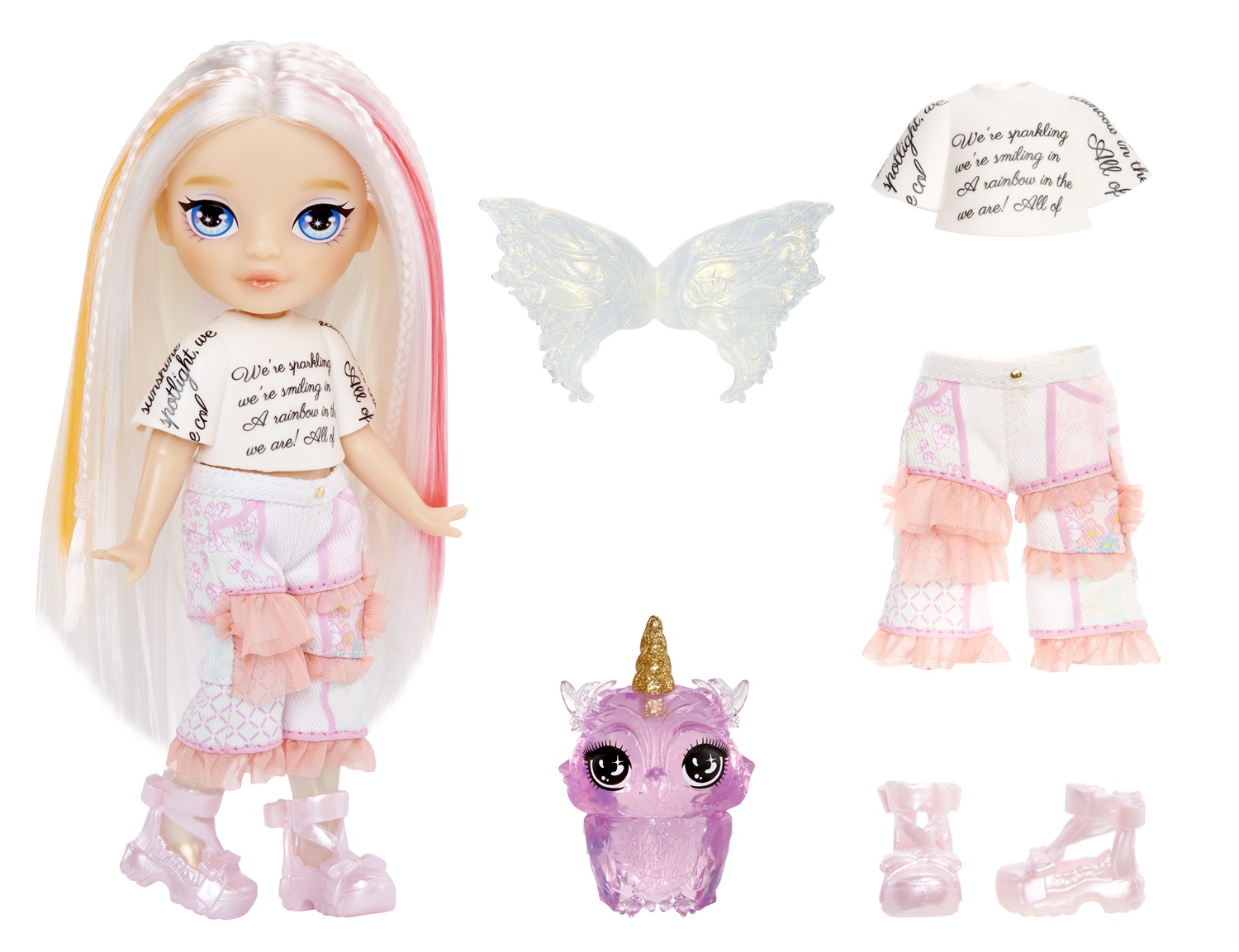 Rainbow High Littles Rainbow Fantasy Fairies & Pet - Opal, Bambola Piccola Snodata di 14 cm con Animaletto Magico Gufo e Ali di Fata Intercambiabili