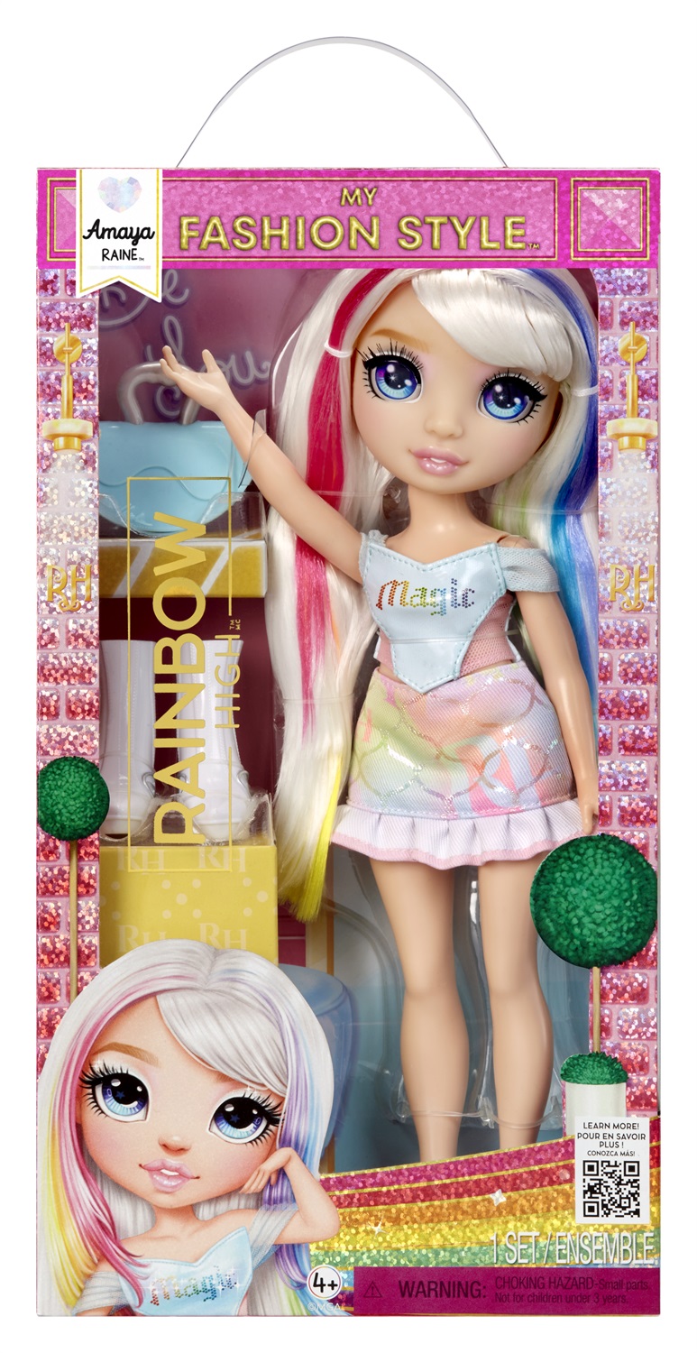 Rainbow High Amaya Raine - Bambola alla moda color arcobaleno di 28 cm, snodata e collezionabile con abito e borsetta