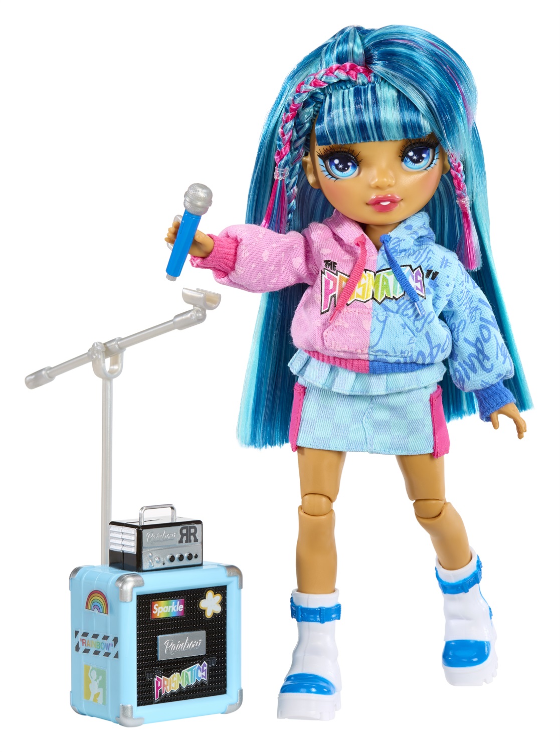 MGA ENTERTAINMENT Rainbow High - Bambola Fashion Skyler Rockband di 23 cm con Microfono e Amplificatore, Personalizzabile con Adesivi, Snodata, Età: 4