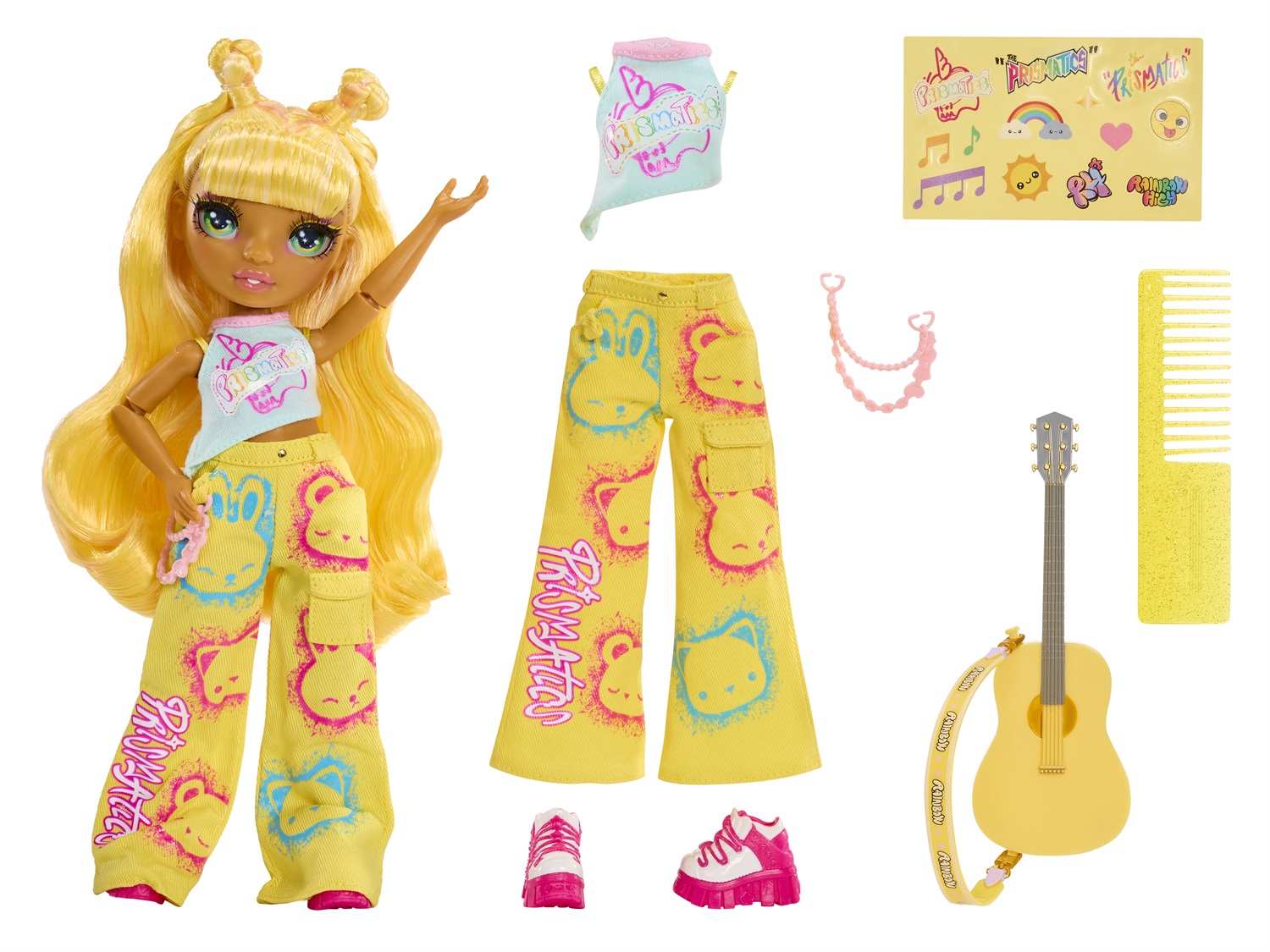 Rainbow High - Bambola Sunny Junior High Rock Band da 23 cm con Chitarra e Adesivi Personalizzabili