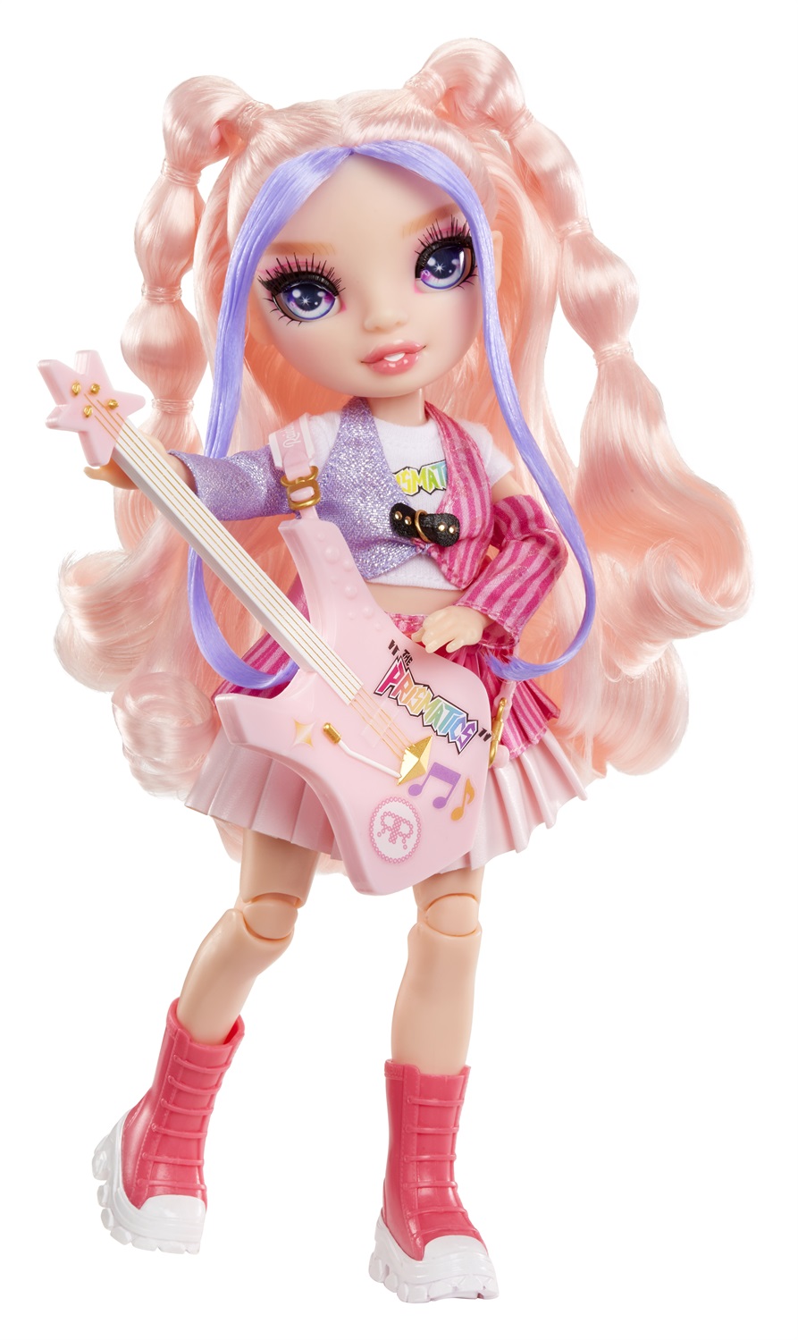 Rainbow High - Jr High Rockband Fashion Doll Bella, Bambola di 23 cm con Basso Rosa, Personalizzabile con Adesivi, Snodata, Età 4