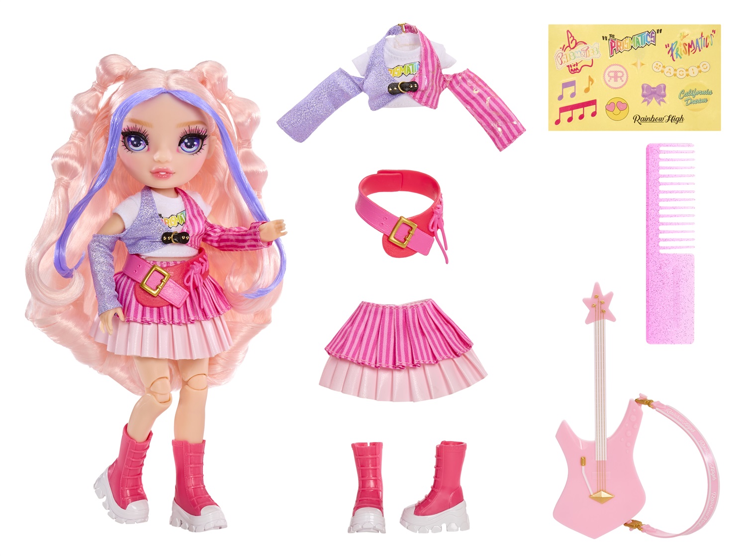 Rainbow High - Jr High Rockband Fashion Doll Bella, Bambola di 23 cm con Basso Rosa, Personalizzabile con Adesivi, Snodata, Età 4