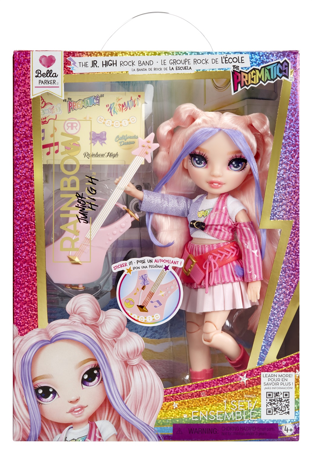Rainbow High - Jr High Rockband Fashion Doll Bella, Bambola di 23 cm con Basso Rosa, Personalizzabile con Adesivi, Snodata, Età 4