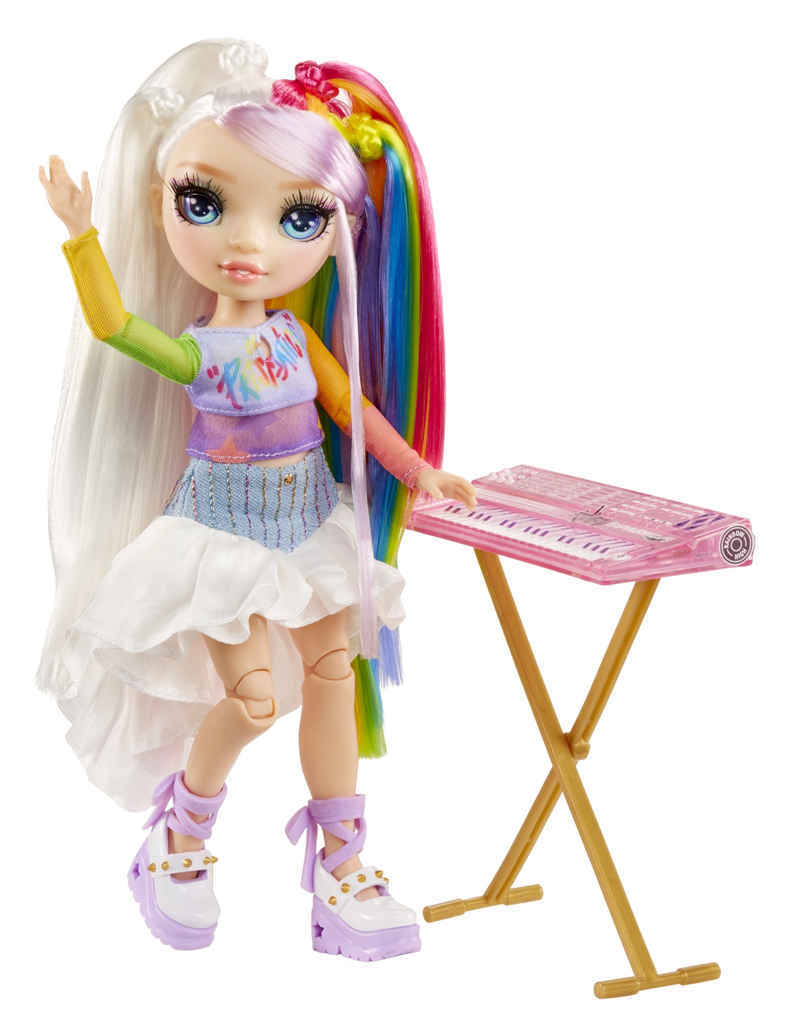MGA ENTERTAINMENT Rainbow High Jr High Rockband Fashion Doll Amaya - Bambola di 23 cm con Tastiera e Adesivi Personalizzabili, Snodata, per Bambini di Età 4