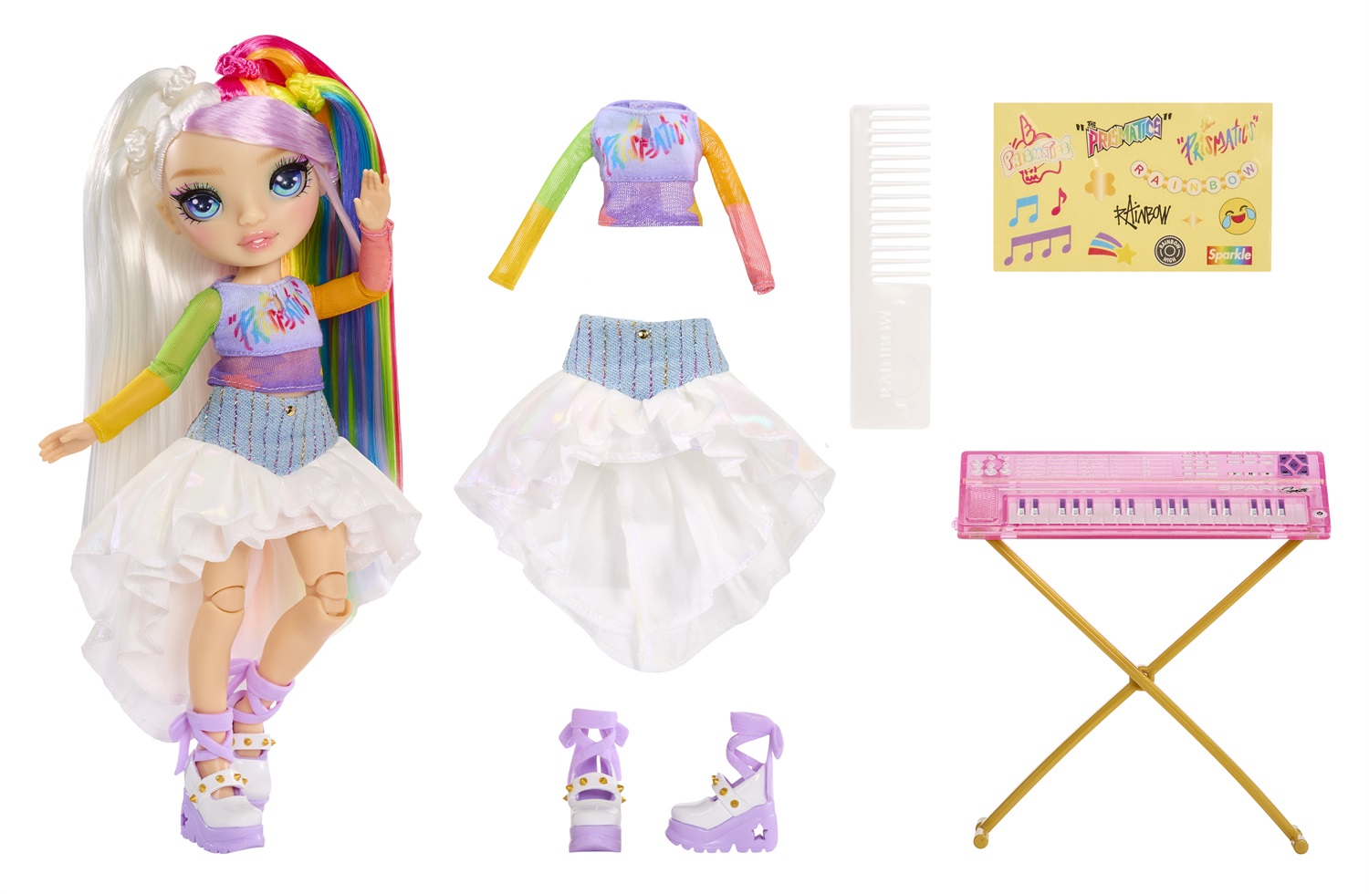 MGA ENTERTAINMENT Rainbow High Jr High Rockband Fashion Doll Amaya - Bambola di 23 cm con Tastiera e Adesivi Personalizzabili, Snodata, per Bambini di Età 4