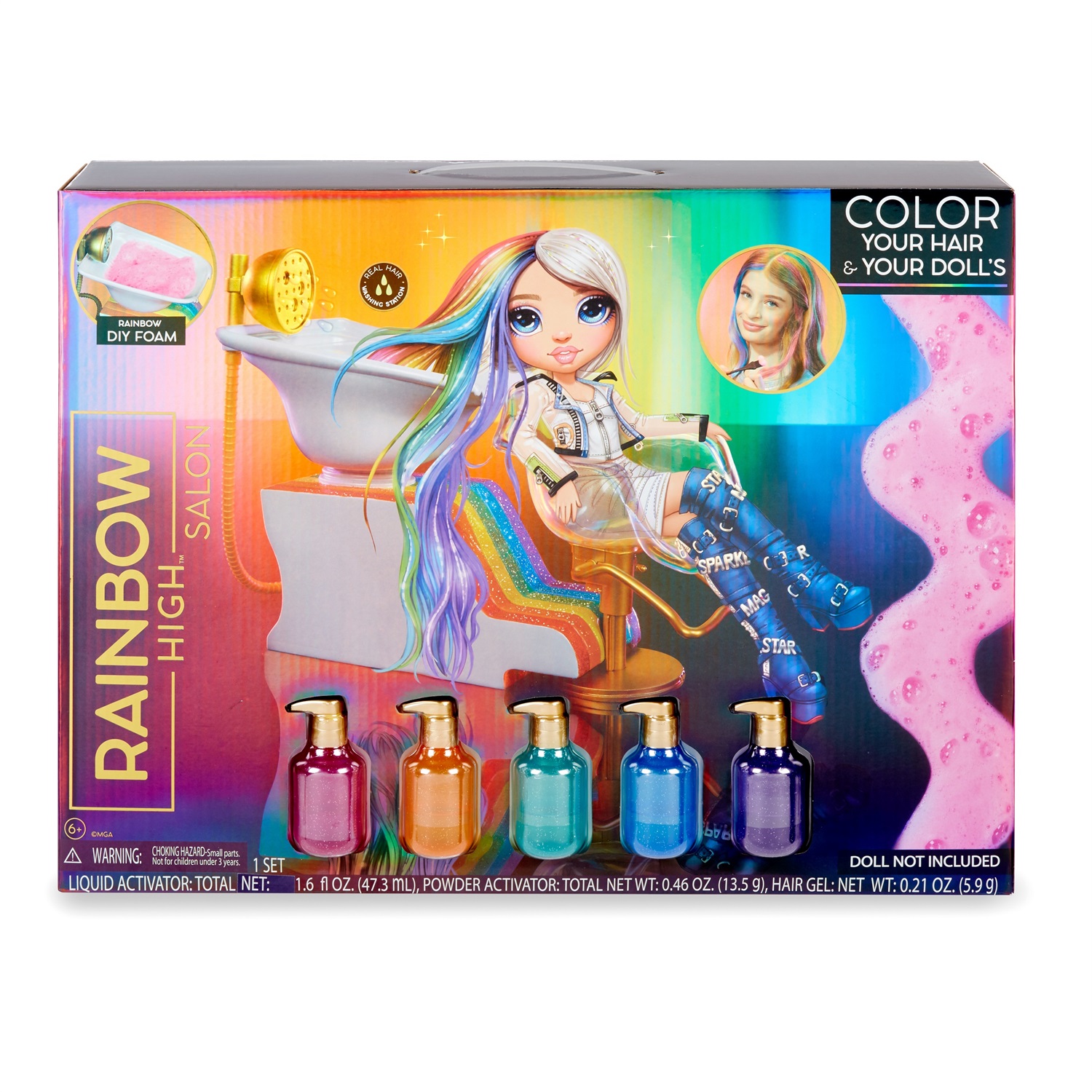 Rainbow High Salon Playset - Set per Acconciatura dei Capelli con Schiume Coloranti Lavabili e Lavandino Funzionante per Bambole