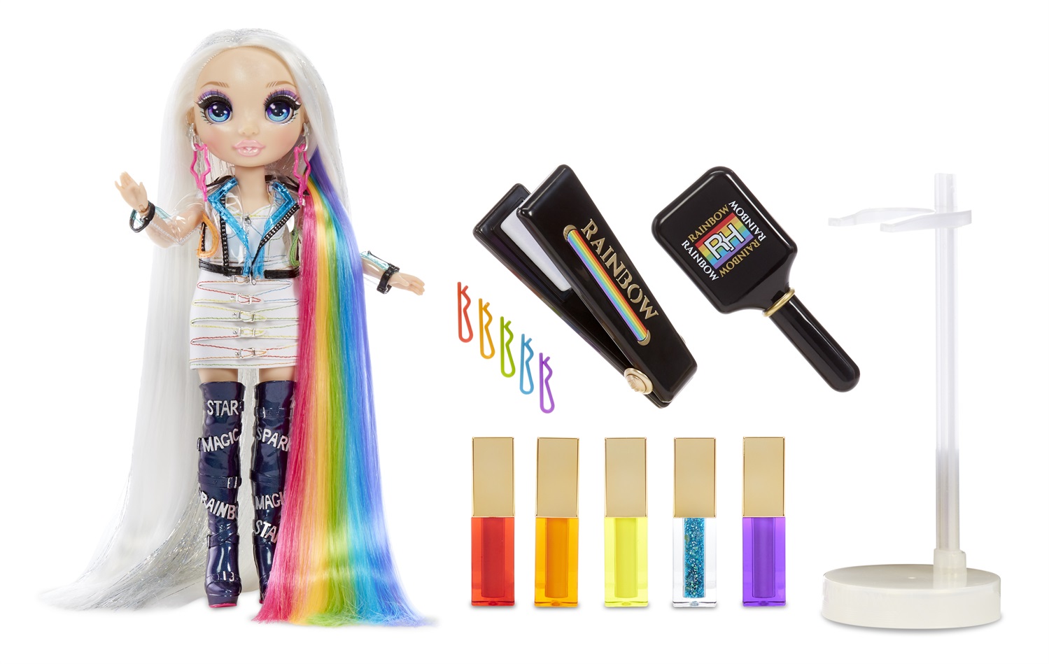 MGA Entertainment Rainbow High Hair Studio - Set di Gioco per Capelli 5 in 1 con Bambola Amaya Raine Esclusiva e Accessori