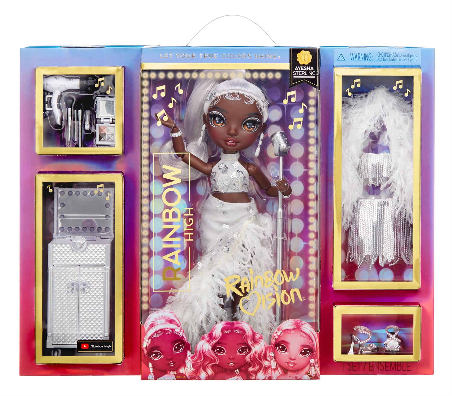 MGA Entertainment Rainbow High Rainbow Vision AYESHA STERLING - Bambola alla Moda Argento con Abiti Mix 'n Match, Microfono, Accessori e Toeletta - Età: 6 anni