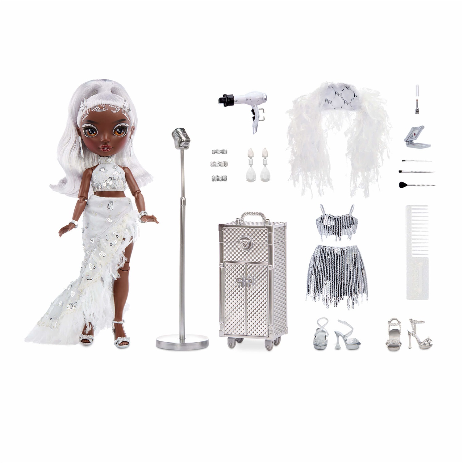 MGA Entertainment Rainbow High Rainbow Vision AYESHA STERLING - Bambola alla Moda Argento con Abiti Mix 'n Match, Microfono, Accessori e Toeletta - Età: 6 anni