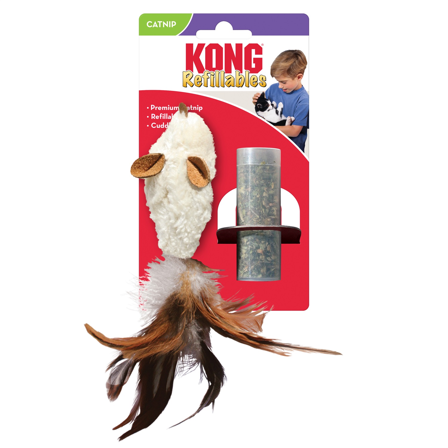 KONG Feather Mouse - Giocattolo in peluche per gatti con erba gatta, 17,5 cm, tasca richiudibile e coda di piume