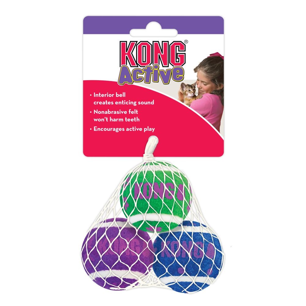 KONG Palline da Tennis per Gatti con Campanella - Confezione da 3 - Giocattoli Stimolanti per Gioco Attivo