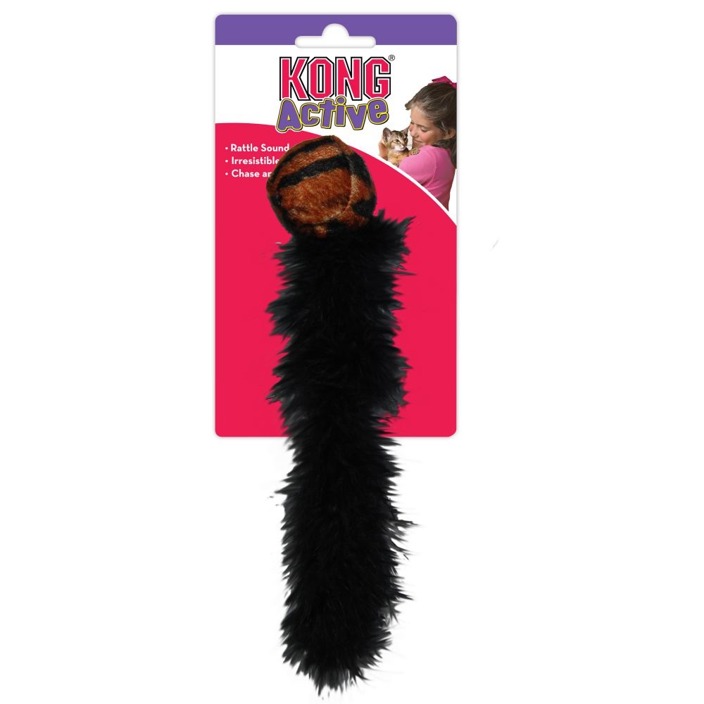 KONG Wild Tails - Giocattolo per gatti con palla in peluche e coda di piume, stimola il gioco con tintinnio