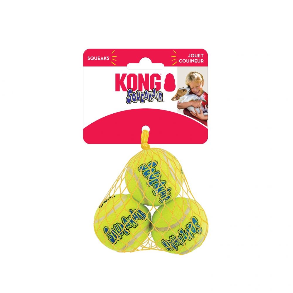 KONG SqueakAir Tennis Balls Small - Palline da Tennis con Squeaker, Set da 3 Pezzi, Materiale Non Abrasivo