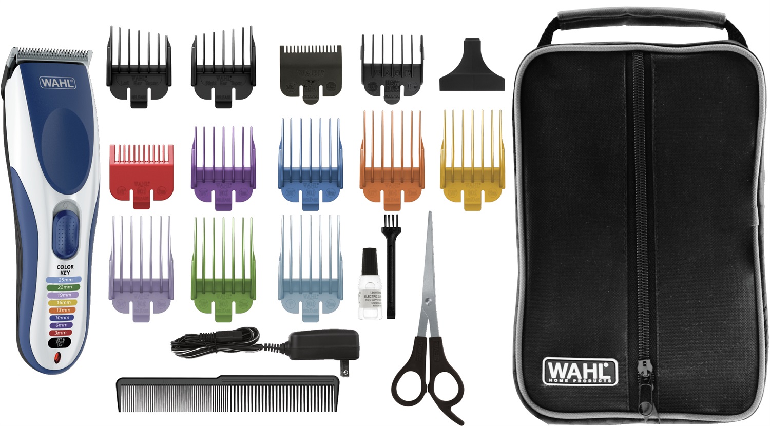 Wahl ColorPro Cordless Clipper - Tagliacapelli Ricaricabile Blu e Argento con Lame di Precisione e Pettini Guida Colorati
