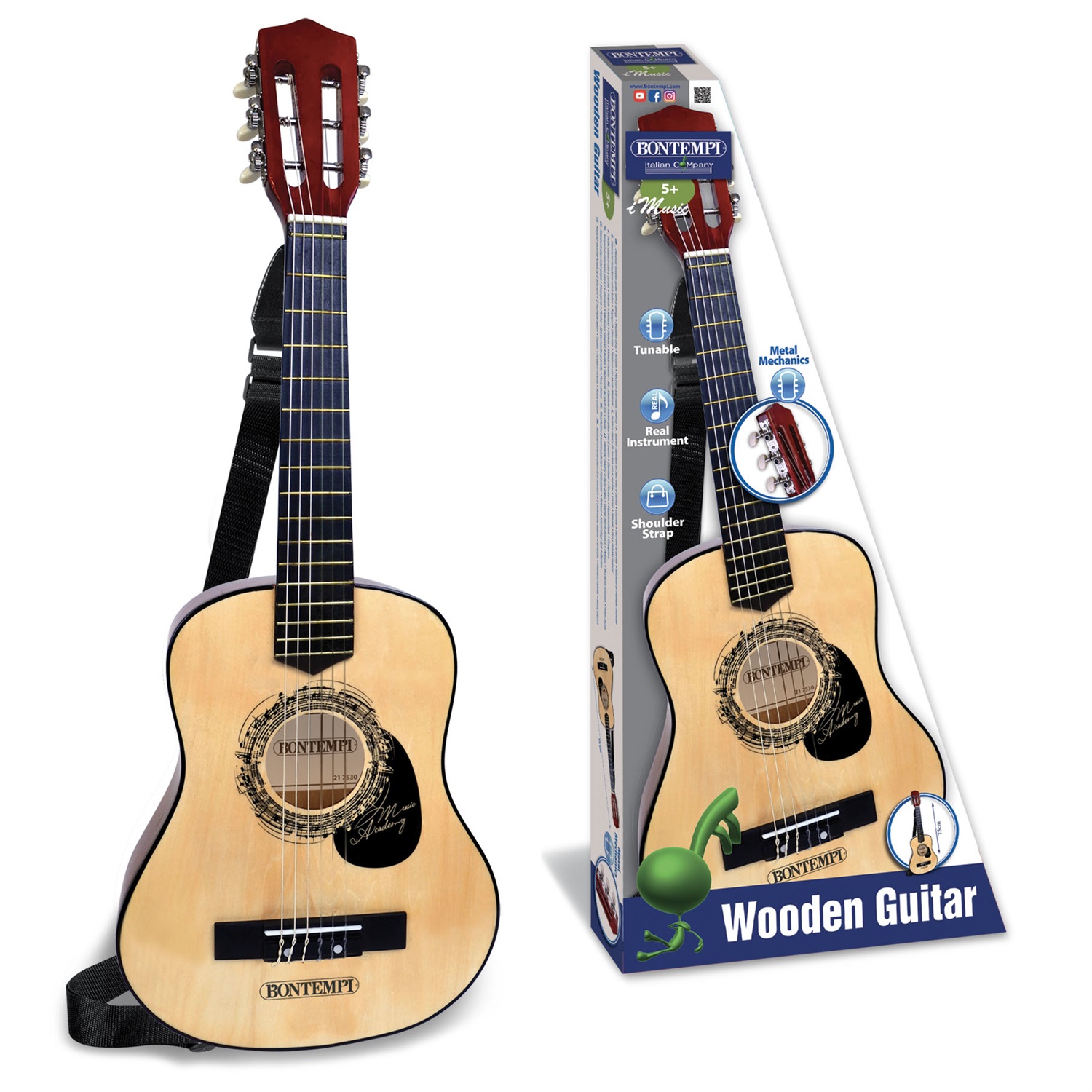Bontempi Chitarra Classica in Legno 6 Corde 75 cm - Accordabile, Suono Realistico, Inclusi Plettro e Cinghia