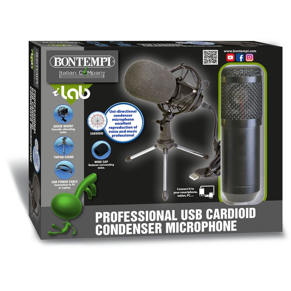 Bontempi 41 8020 Microfono Professionale a Condensatore Nero per Streaming, Chat, Podcast e Registrazione