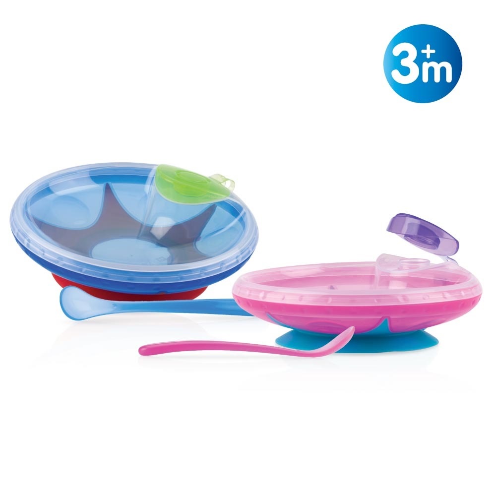 Nuby Piatto Pappacalda con Ventosa e Cucchiaino - Materiale Infrangibile, per Bambini dai 3 Mesi, Colori Assortiti