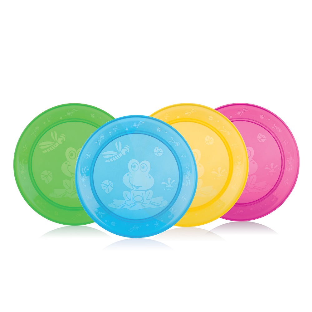 Nuby Set di 4 Piatti Piani Colorati in Polipropilene - Blu, Verde, Rosa, Giallo - 6 mesi