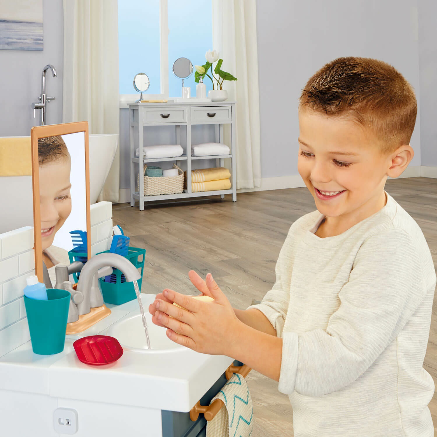 Little Tikes - Il Mio Primo Lavandino con Rubinetto Funzionante e 12 Accessori da Bagno, Giocattolo Interattivo Multicolore per Bambini dai 2 Anni in Su