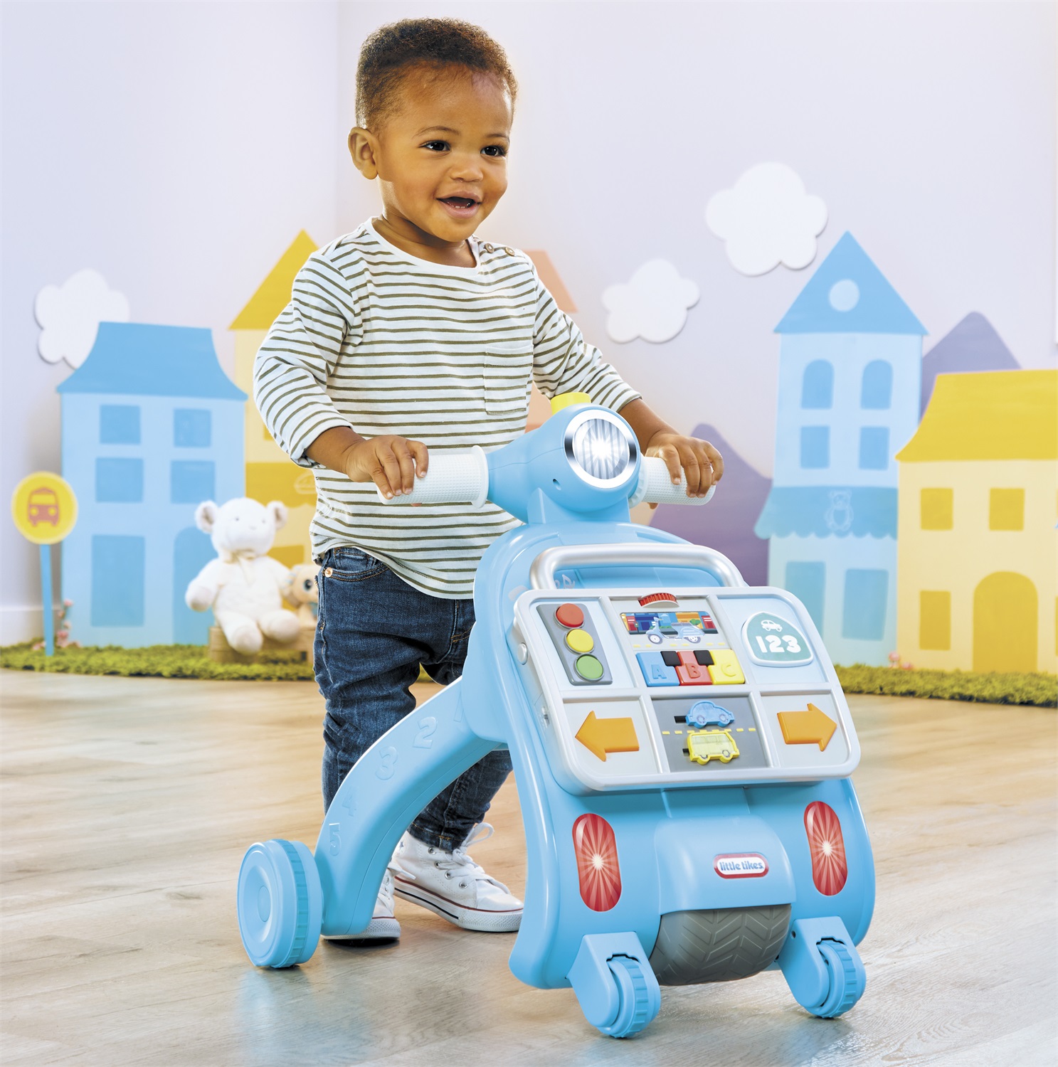 Little Tikes Learn & Play Girello per Bambini con Effetti Sonori, Pannello Attività Staccabile e Tema Guida - Età 9-36 Mesi