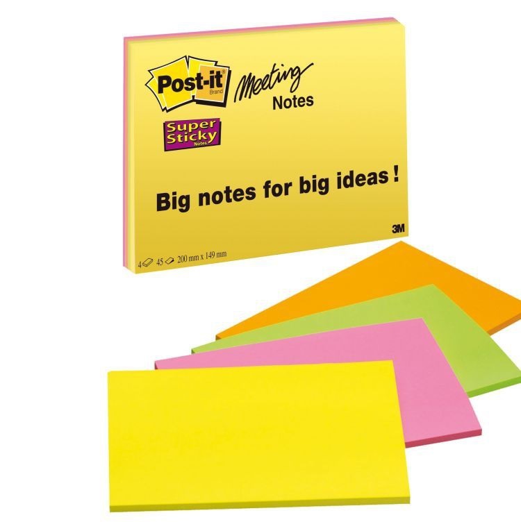 Post-it 6845-SSP Foglietti Super Sticky - 203x152 mm, 45 Fogli per blocco, Confezione da 4, Colori Assortiti (Verde, Rosa, Giallo, Arancio)