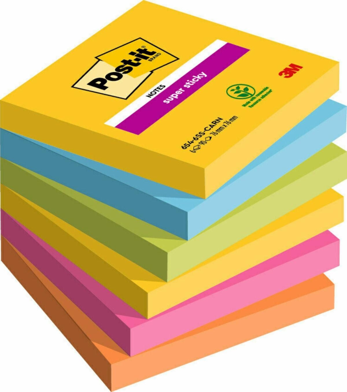 Post-it Super Sticky Foglietti, Collezione Carnival, 76 x 76 mm, Confezione da 6 blocchetti, 90 Fogli per blocchetto, Colori vivaci: Giallo Sole, Blu Paradiso, Verde Lime, Rosa Power, Arancio Acceso