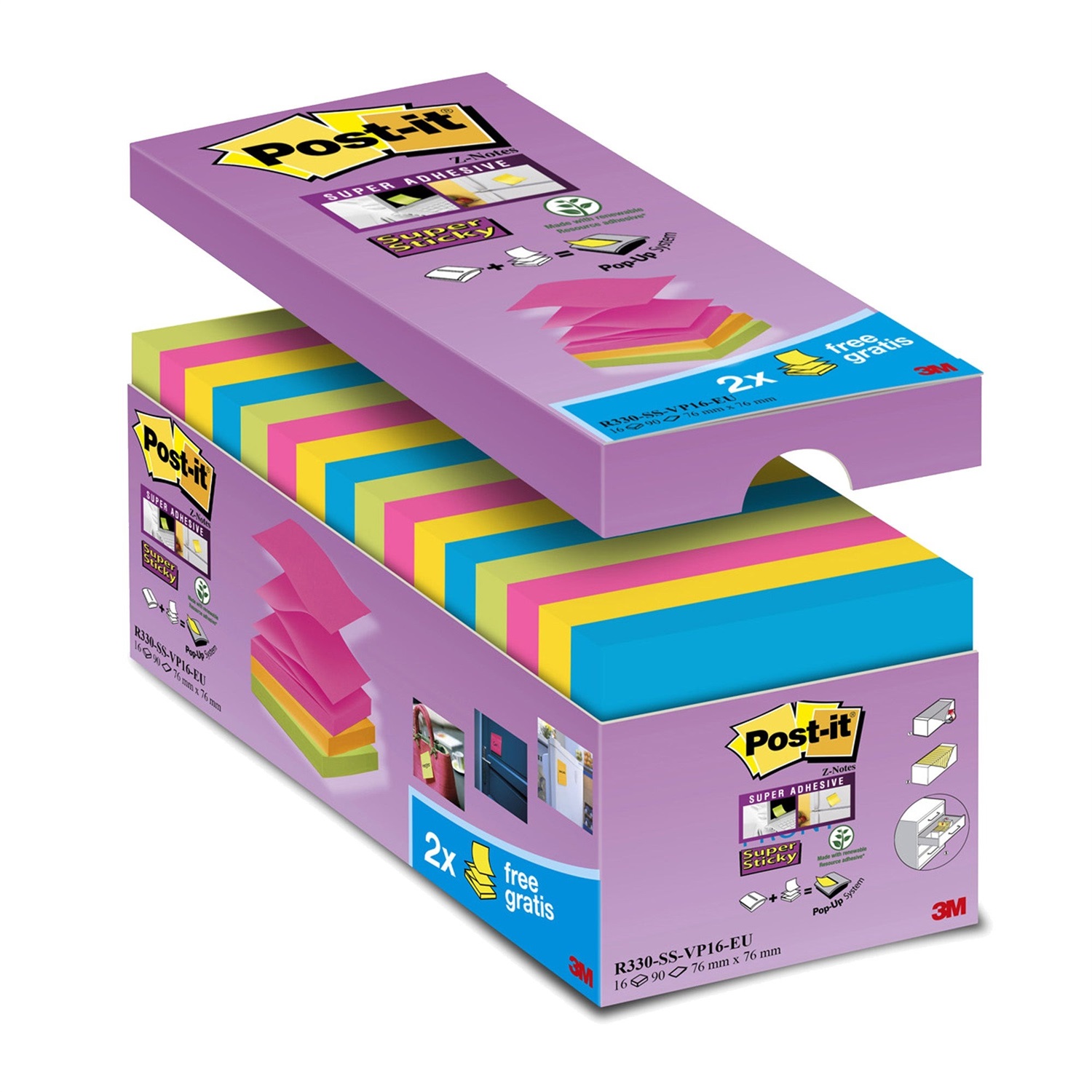 Post-It Super Sticky Z-Notes Assortiti - 16 Blocchetti da 90 Fogli 76x76 mm in Colori Assortiti (Giallo, Blu, Fucsia, Verde)