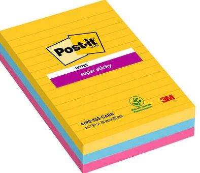 Post-It Super Sticky Blocco a Righe Carnival - 101 x 152 mm, 90 Fogli per Blocchetto, Confezione da 3