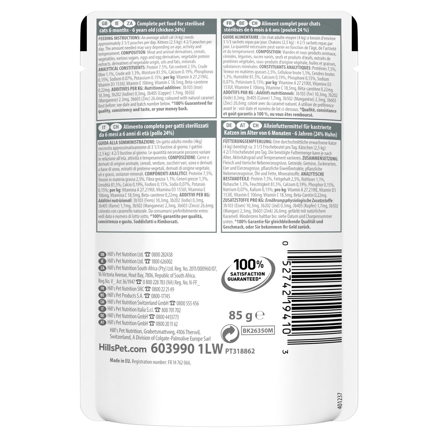 Hill's Science Plan Sterilised Cat Young Adult Cibo Umido al Pollo - Bustina da 85 g