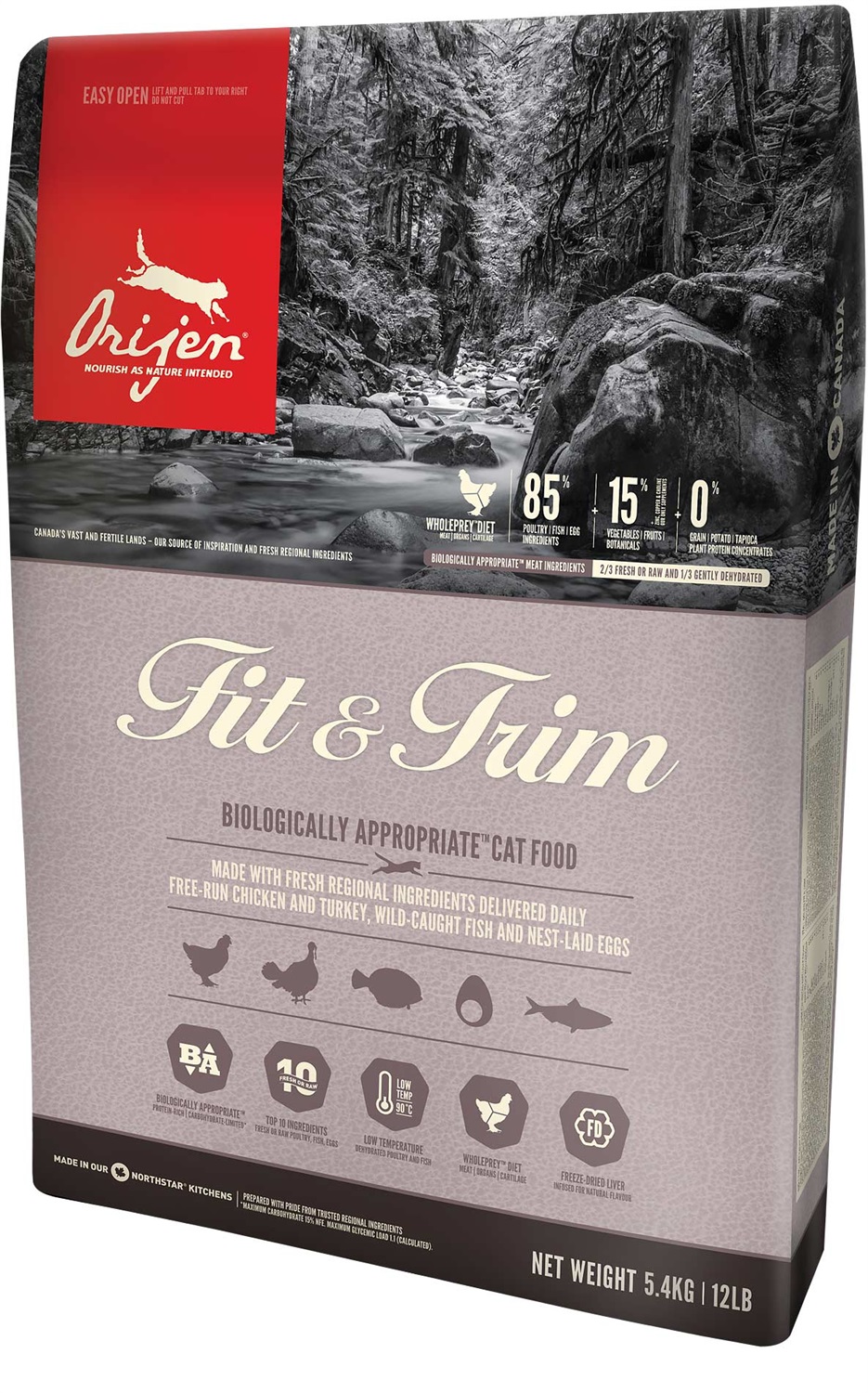 Orijen Fit & Trim Cibo Secco per Gatti 5,4 kg - Alto Contenuto di Carne di Pollo e Tacchino, Formula per Gatti in Sovrappeso con Frutta e Verdura