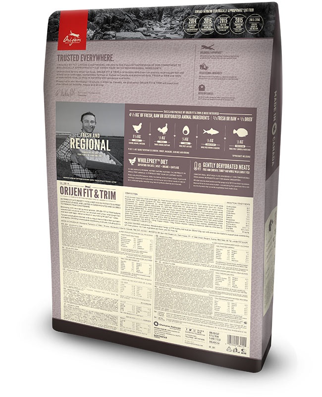 Orijen Fit & Trim Cibo Secco per Gatti 5,4 kg - Alto Contenuto di Carne di Pollo e Tacchino, Formula per Gatti in Sovrappeso con Frutta e Verdura