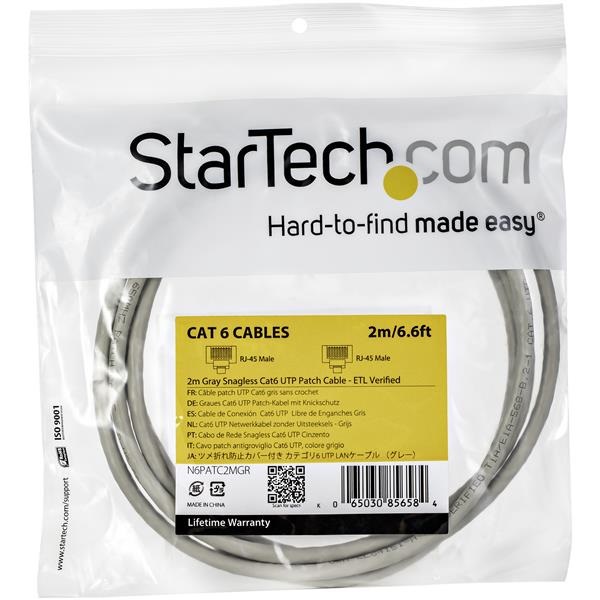 StarTech.com Cavo di rete Cat 6 - Cavo Patch Ethernet Gigabit grigio antigroviglio da 2m, U/UTP, RJ-45, Placcatura Oro