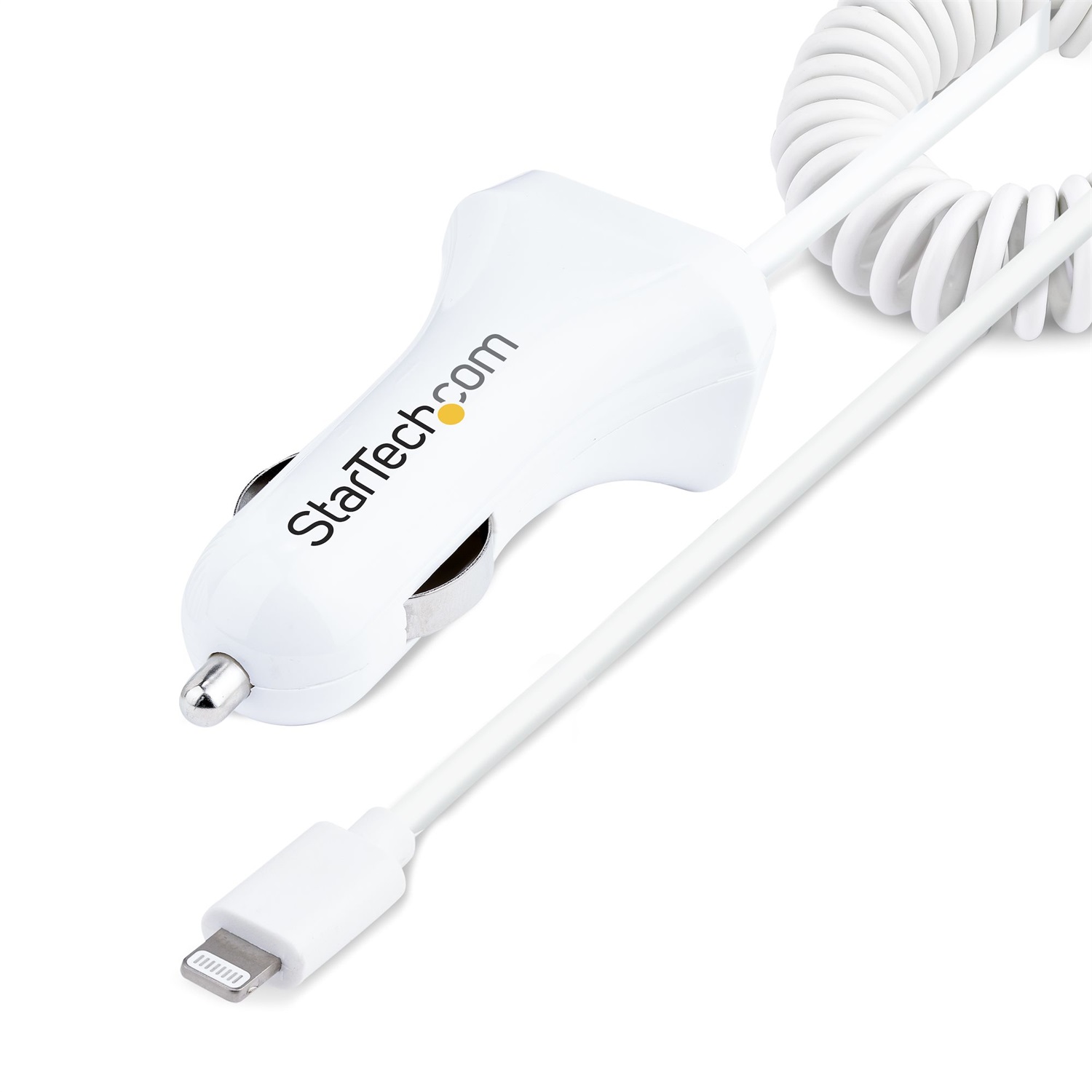 StarTech.com Caricatore da auto USB con 2 porte, cavo Lightening a spirale integrato 1m, 12W, Bianco