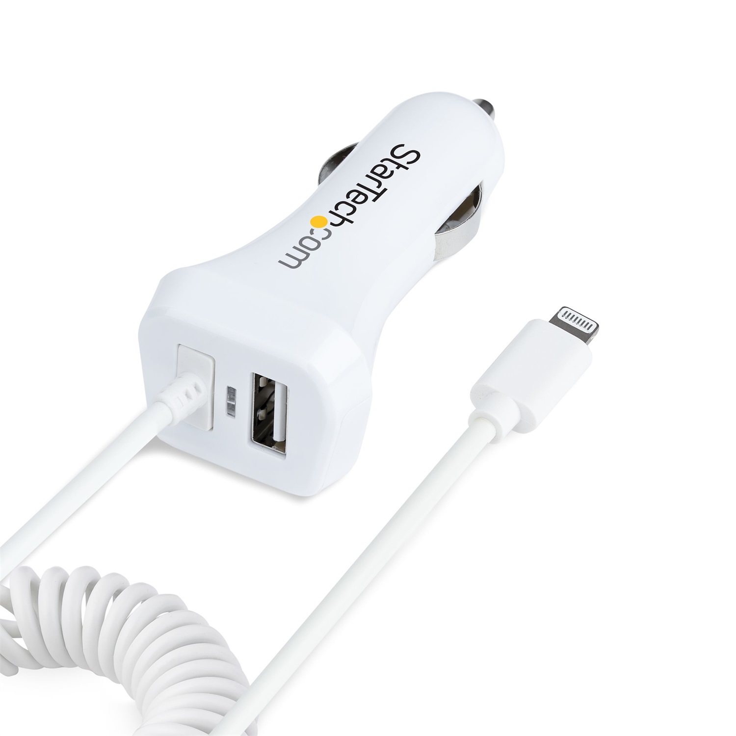 StarTech.com Caricatore da auto USB con 2 porte, cavo Lightening a spirale integrato 1m, 12W, Bianco