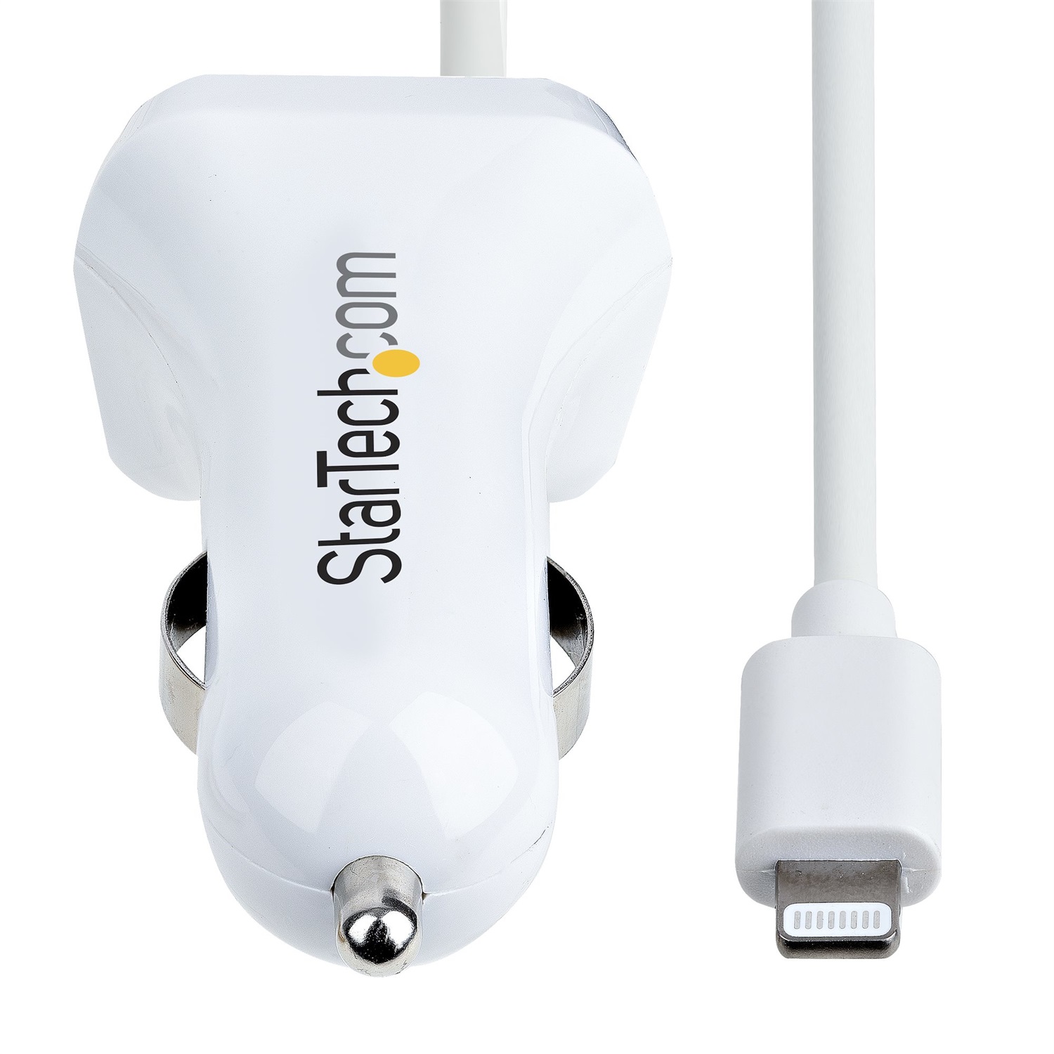 StarTech.com Caricatore da auto USB con 2 porte, cavo Lightening a spirale integrato 1m, 12W, Bianco