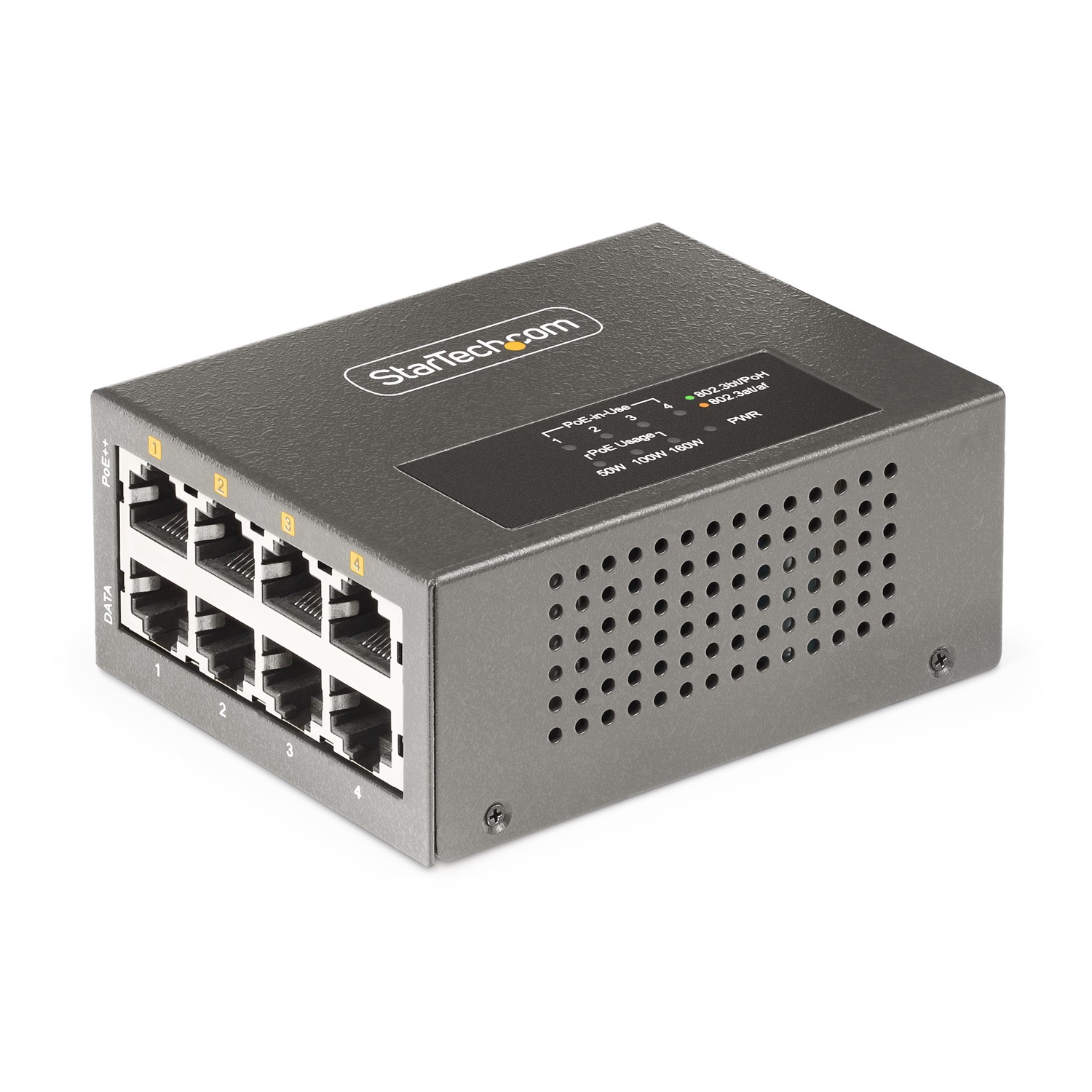 StarTech.com Iniettore PoE Multi-Gigabit a 4 porte, Ethernet 5/2.5/1G (NBASE-T), PoE/PoE /PoE (802.3af/802.3at/802.3bt), Potenza 160 Watt, Montabile a parete/su guida DIN, Non gestito