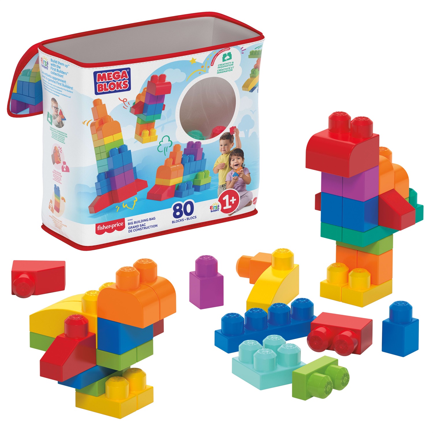 MEGA Bloks Mattoncini Big Building Bag - Gioco di Costruzione Ecologico per Bambini 1 Anni, Multicolore, 80 Pezzi con Forme Speciali