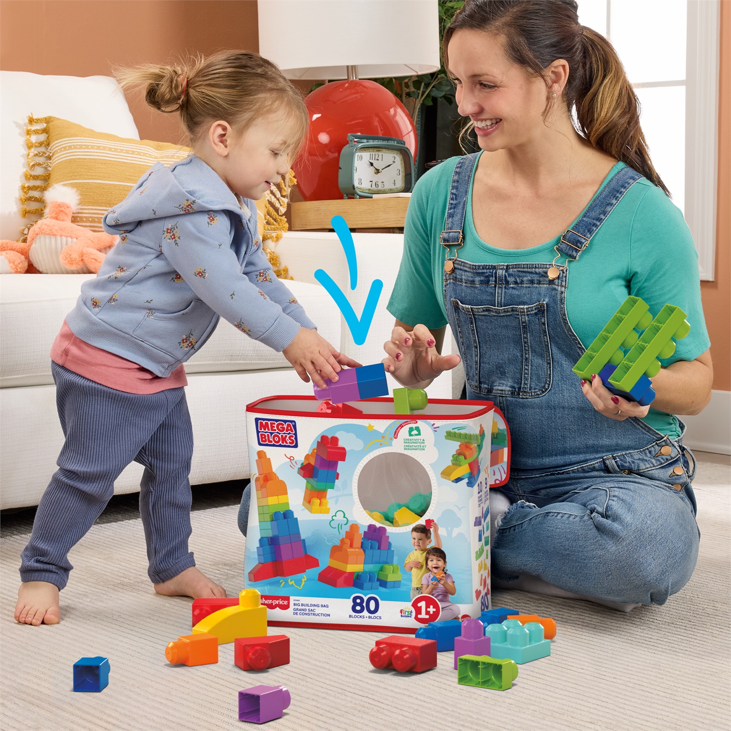 MEGA Bloks Mattoncini Big Building Bag - Gioco di Costruzione Ecologico per Bambini 1 Anni, Multicolore, 80 Pezzi con Forme Speciali
