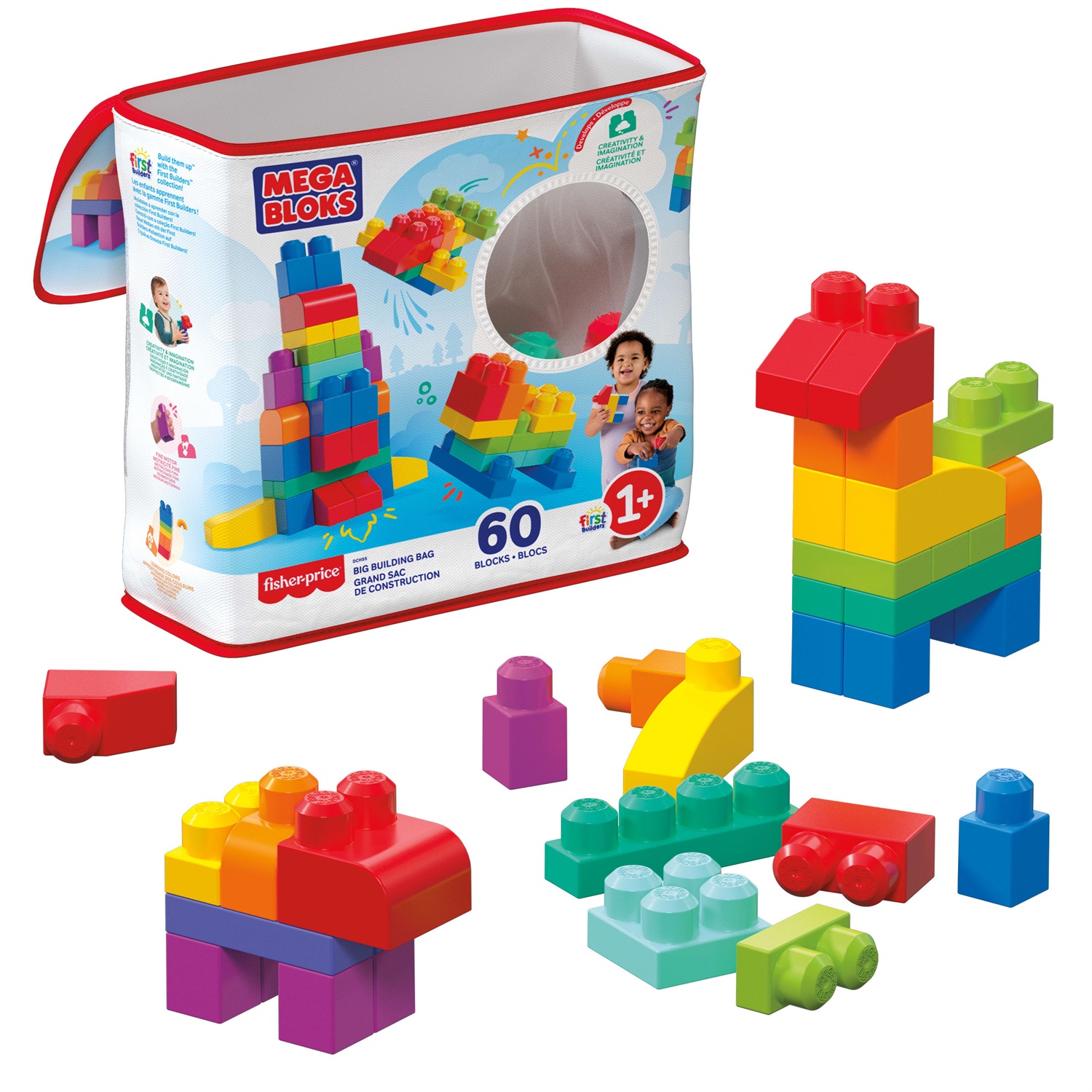 Mega Bloks - Set di 60 Mattoncini da Costruzione in Colori Classici con Sacca Eco, Giocattolo per Bambini 1 Anni