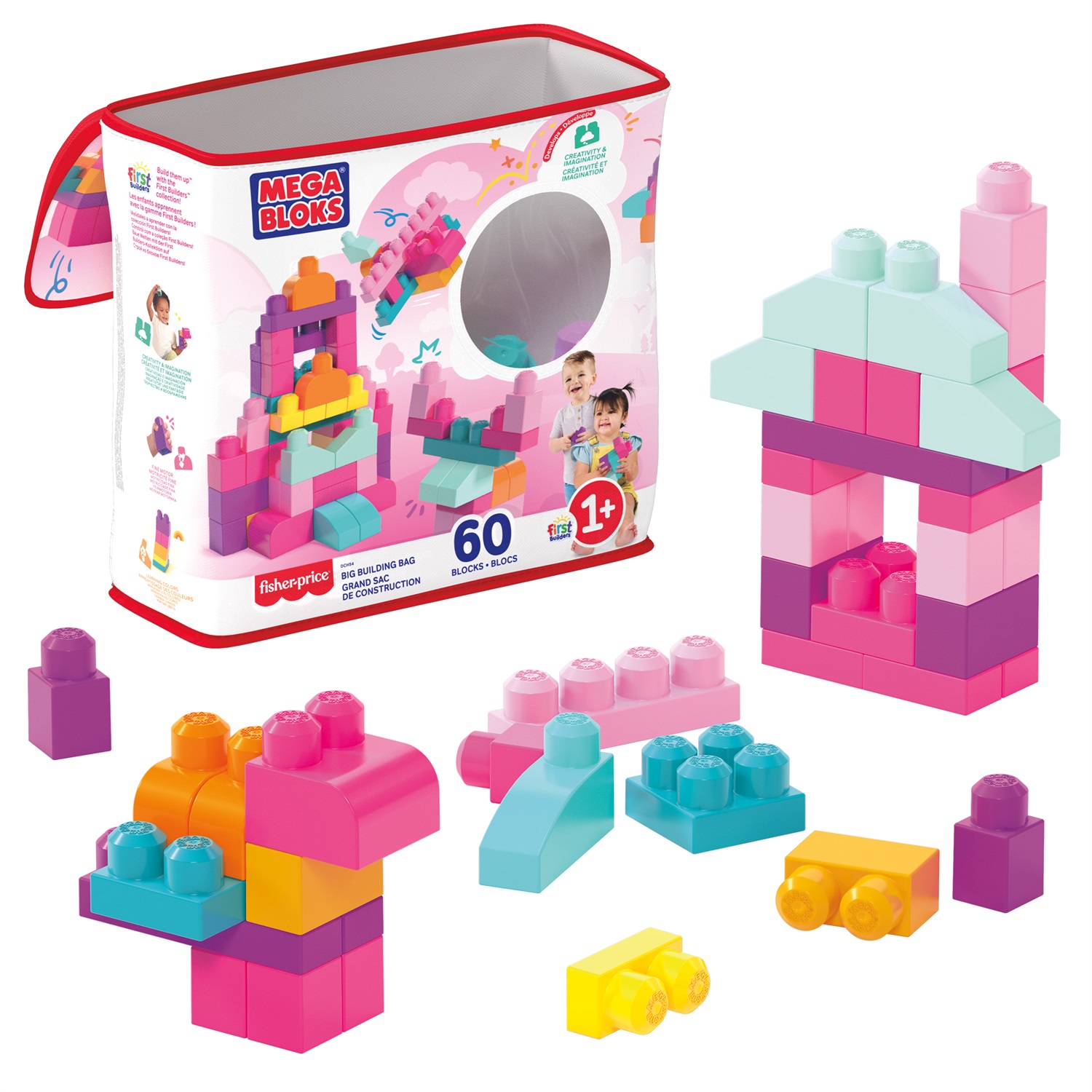 MEGA BLOKS Grande Borsa da Set da costruzione con 60 mattoncini colorati e custodia - Giocattolo per bambini da 1 anno in su