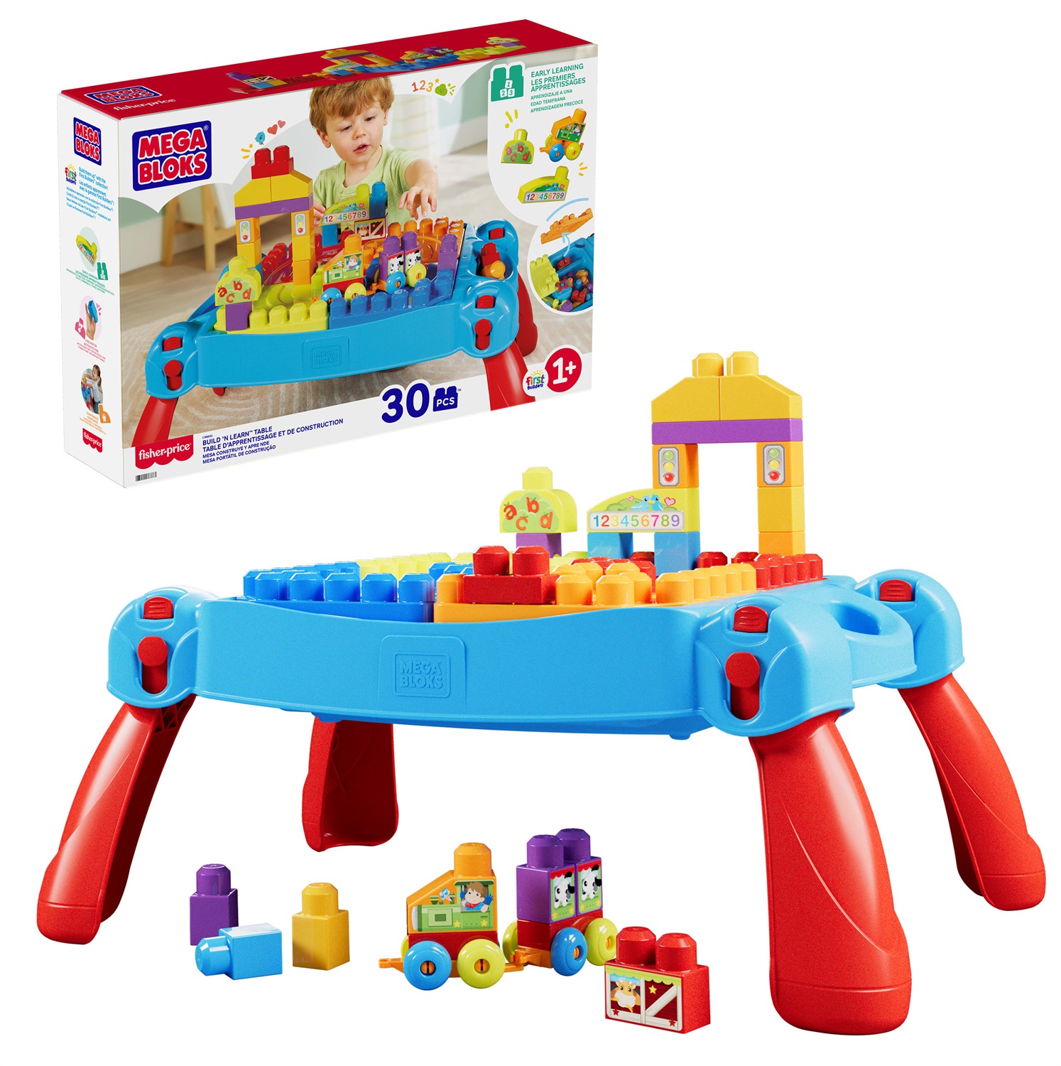 Mega Brands Mega Bloks - Tavolino Multi attività 3-in-1 Ripiegabile con Pista e 20 Blocchi Colorati per Bambini 1 Anni